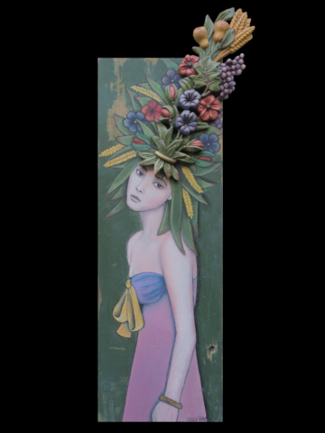 Blumenmädchen | Öl auf alter Blendlade (2023) | Mit Holzrelief | Maße: ca. 48 x 127 cm