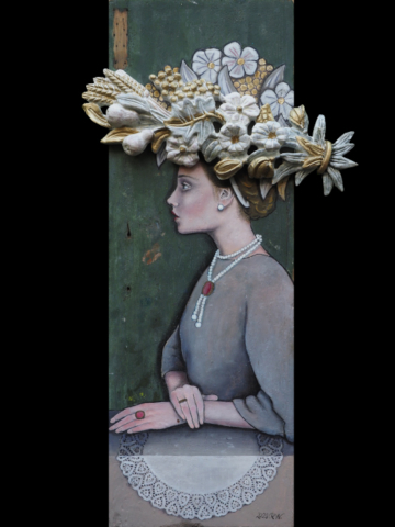 Dame mit Hut | Öl auf alter Blendlade (2023) | Mit geschnitztem Holzrelief | Maße: ca. 57 x 112 cm