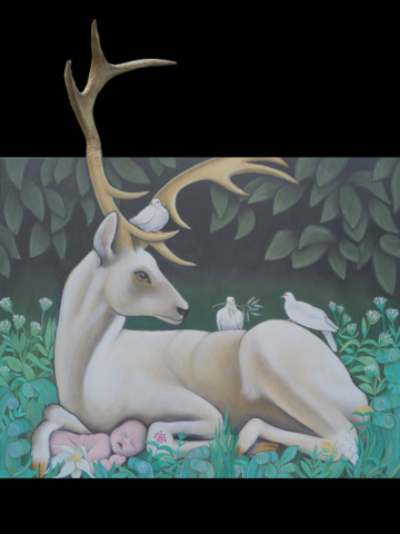Hoffnung | Öl auf Leinwand (2022) | mit Hirschgeweihspitze | Maße: ca. 100 x 107 cm