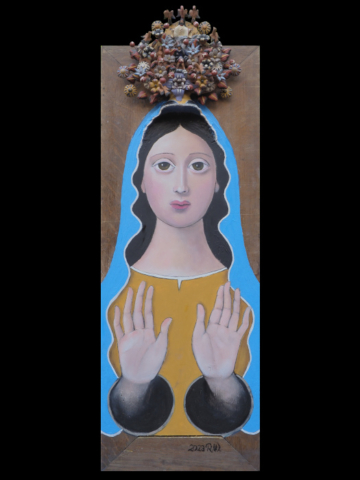 Lichtbringerin | Öl auf altem Eichenbrett (2023) | Mit mexikanischen Tonrelief (Sonnengott ) und Ritualkerzen | Maße: ca. 31 x 92 cm