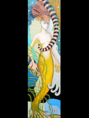 Undine | Öl und Goldfarbe auf Holz (2022) | Mit rotem Korallenfächer (aus Nachlass) | Maße: ca. 50 x 158 cm