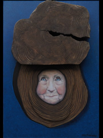 Uri | Öl auf Holz (2023) | Alte Baumscheibe gefunden am Ufer des Starnberger Sees | Maße: 96 x 67 cm