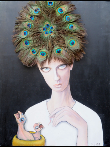 Vogelfrau | Öl auf Holzkasten (2023) | Mit Pfauenfederfächer | Maße: 57 x 78 cm